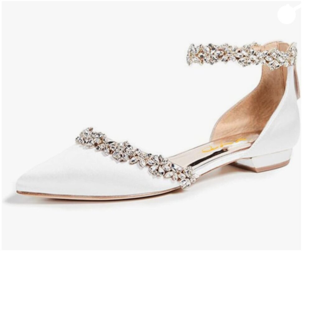 XYD White Pointed Toe Ankle Strap Sandals with Crystal Embellishment